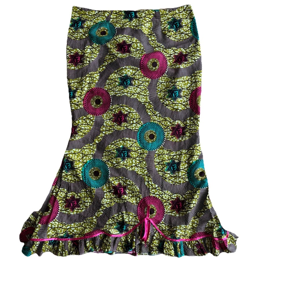 Women's African Ankara Print Yellow Flare Skirt XL Handmade Ethnic Juneteenth‎